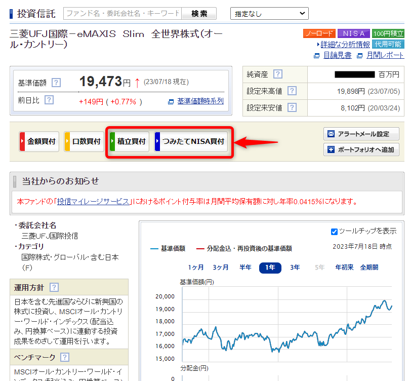 SBI証券　投資信託　買付注文画面

